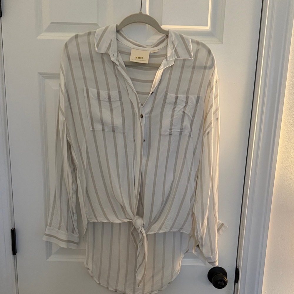 Maeve Ivory and Taupe Striped Button-Down Blouse